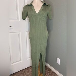 L'Academie Green Ribbed  Dress with V-Neck, Collar and Slit